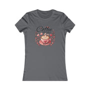 Gray t-shirt with a coffee-themed graphic on a white background