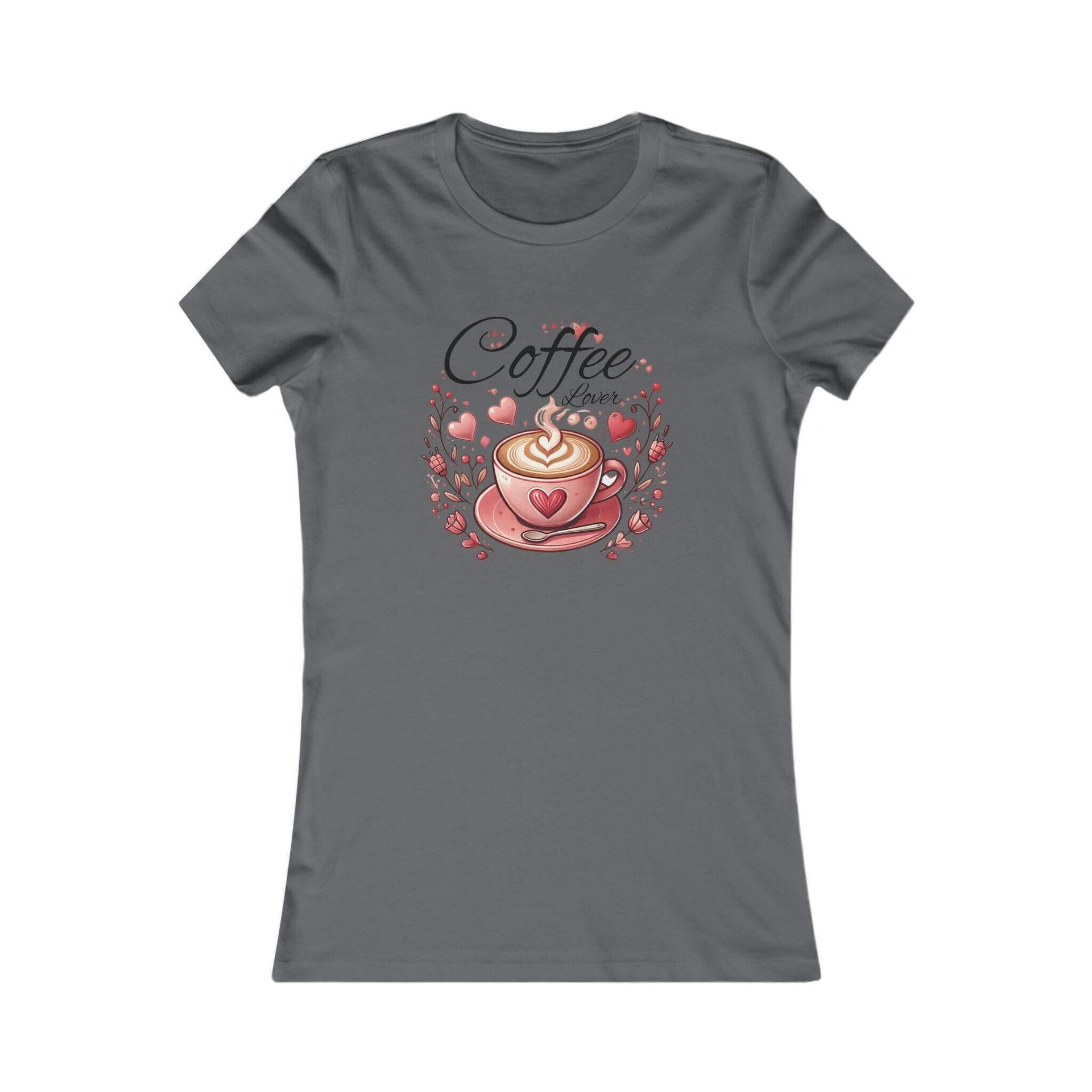 Gray t-shirt with a coffee-themed graphic on a white background