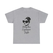 Gray t-shirt with a graphic of a woman and text on a white background