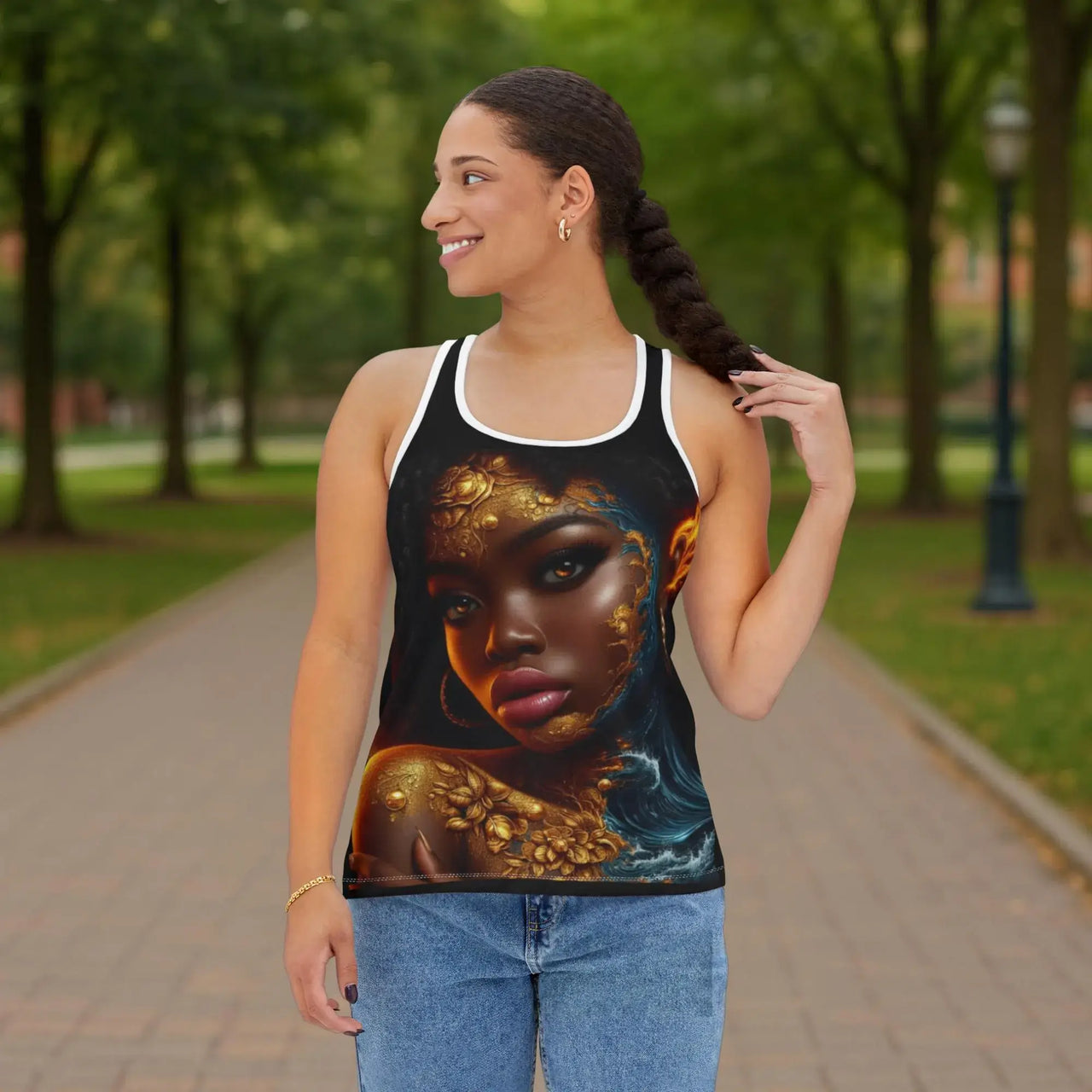 Fire and Desire Racerback Tank | Afrocentric All-Over Print Bold Graphic Top for Women