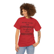 Woman wearing a red t-shirt with a motivational quote on a white background