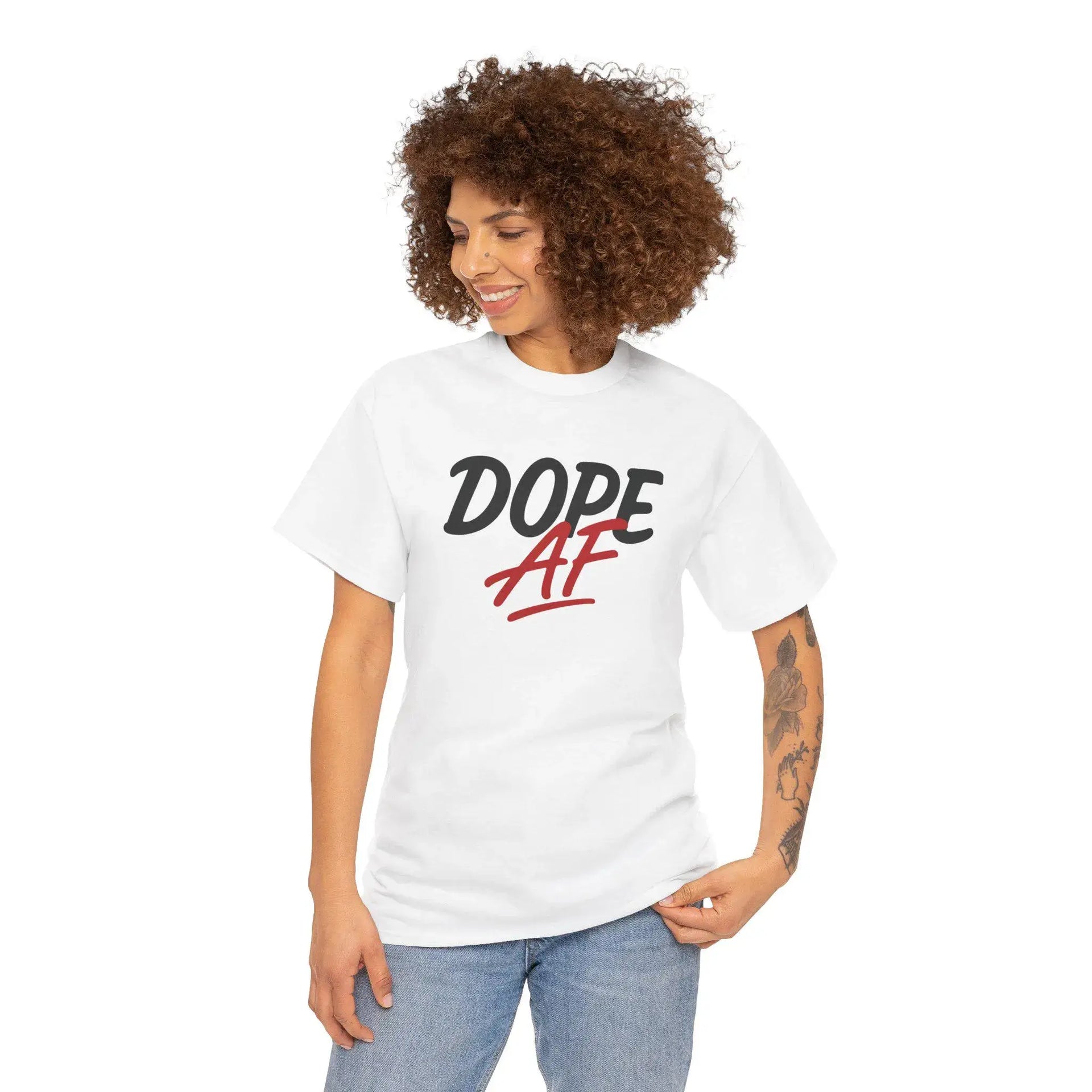 Person wearing a white t-shirt with 'DOPE AF' text on a white background